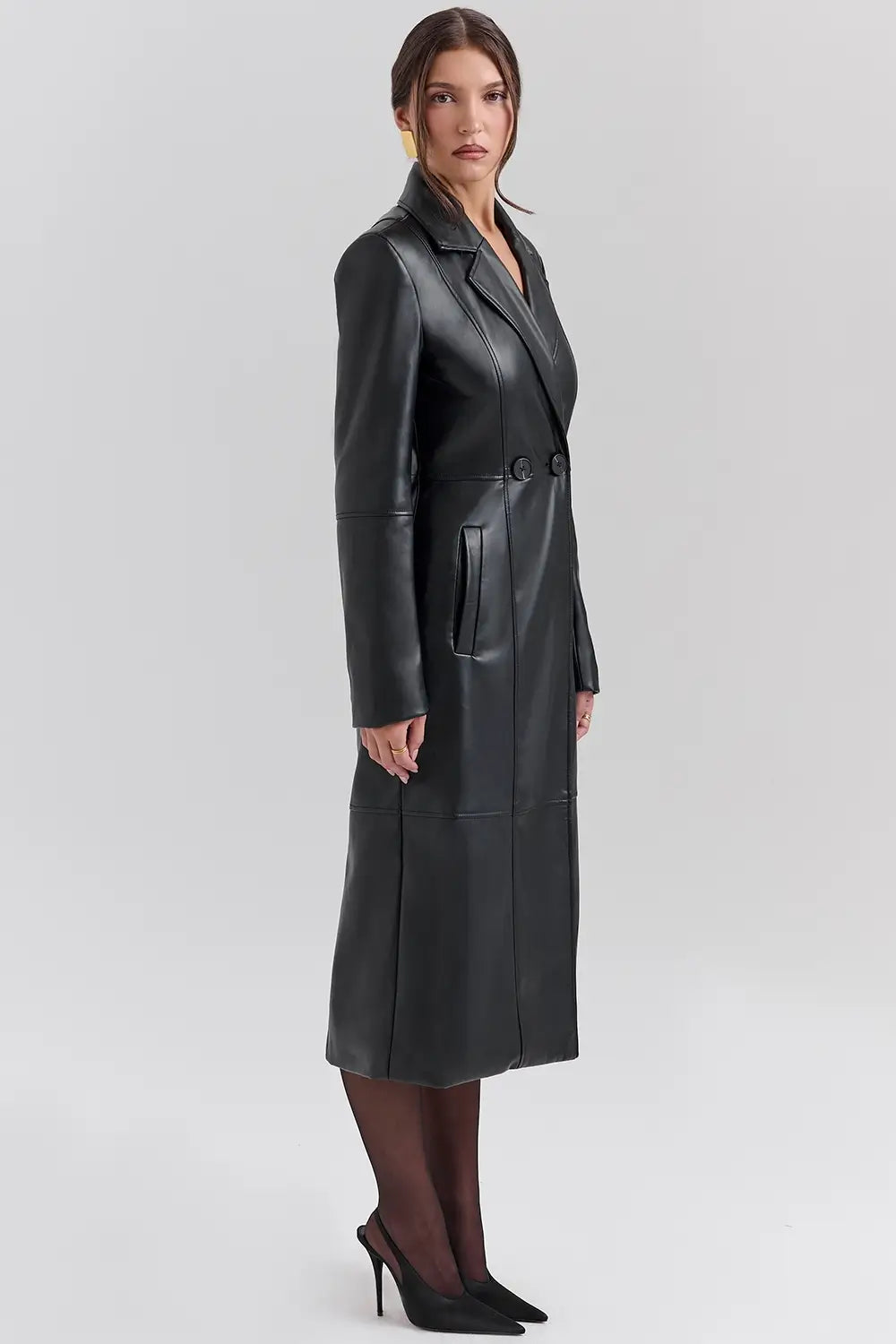 Abrigo Largo de Cuero Vegano Negro – Modelo Marcel