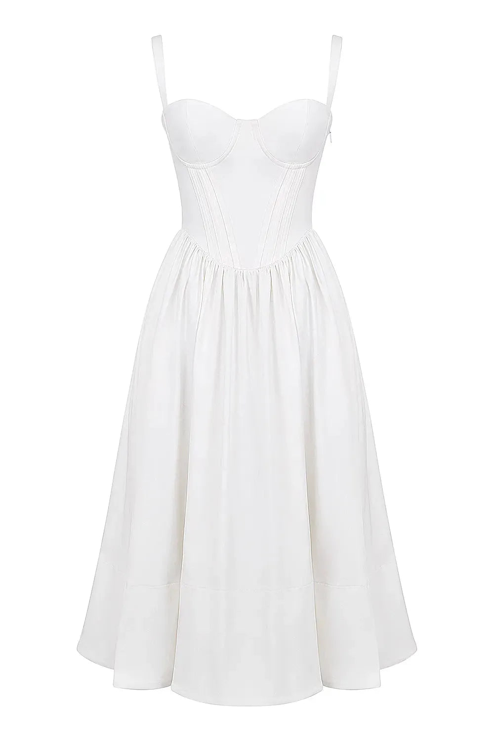 Modelo usando vestido midi blanco con corset para boda civil – Aghata